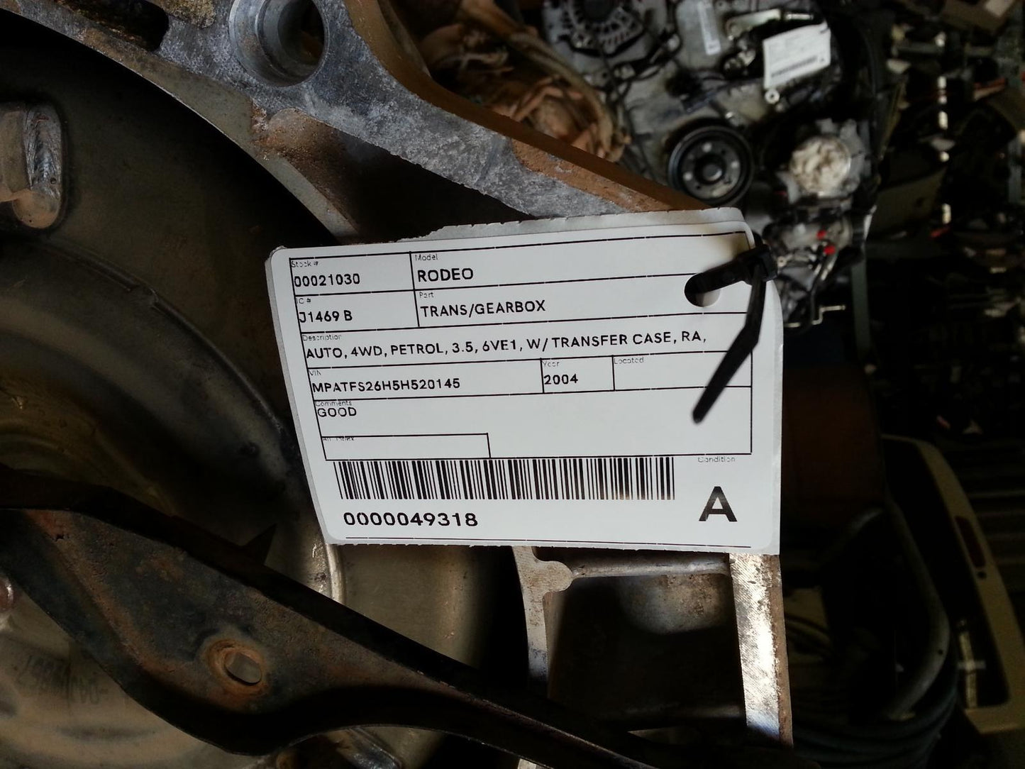 HOLDEN RODEO TRANS/GEARBOX AUTO, 4WD, PETROL, 3.5, 6VE1, W/ TRANSFER CASE, RA, 03/03-10/06